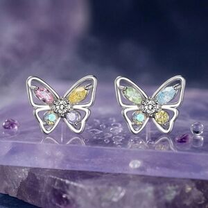 Sterling Silver Multicolor Cubic Zirconia Butterfly Stud Earrings Spring Jewelry